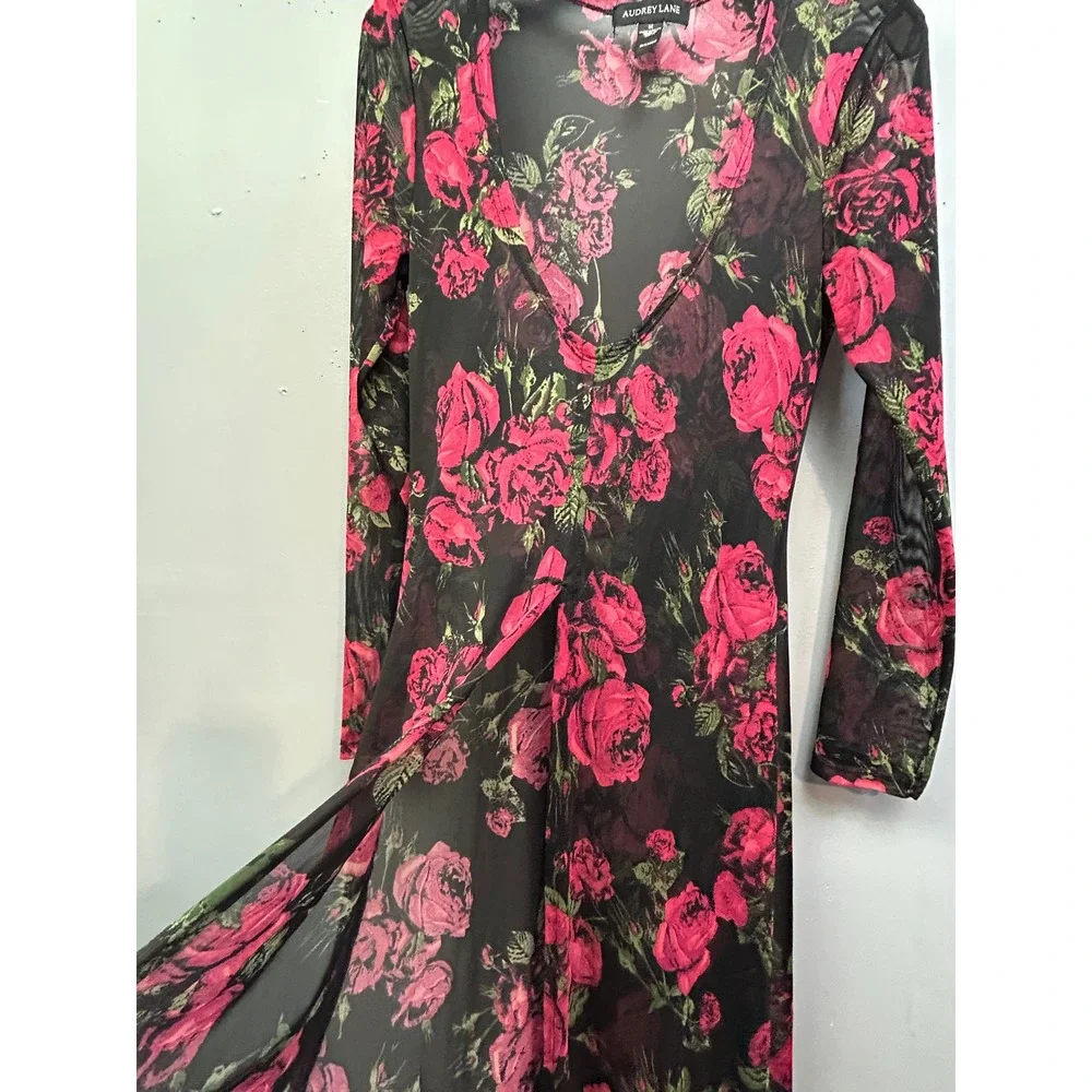 Audrey Lane Dress Womens Medium Black Red Rose Floral Sheer Mesh VNeck Maxi Long